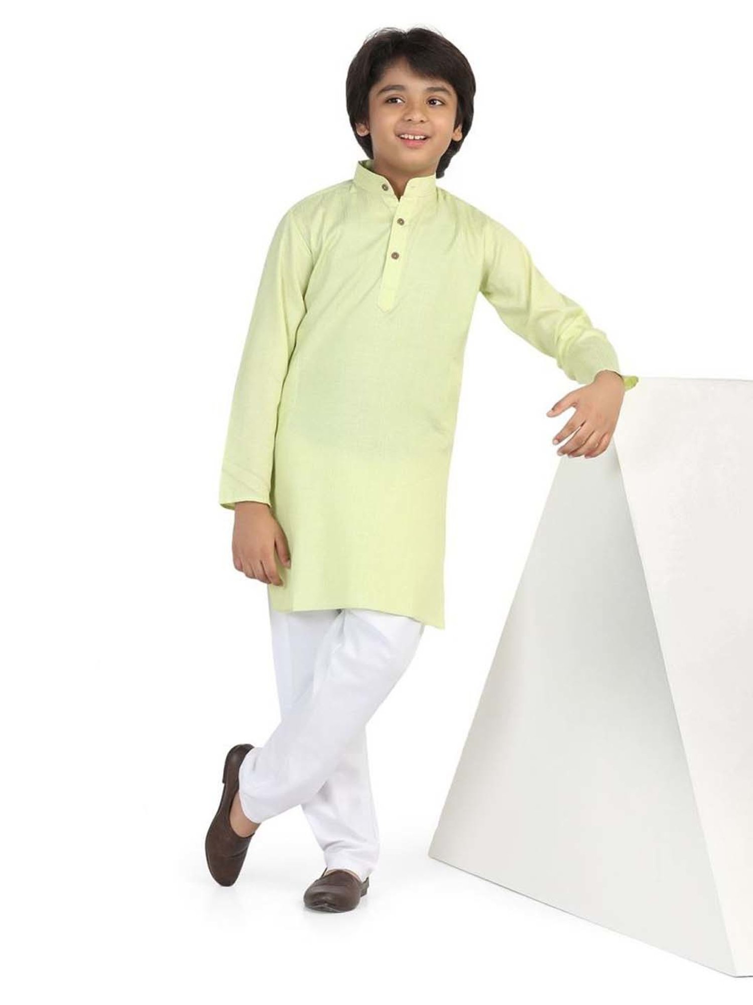 TAHVO Kids Green & White Slim Fit Full Sleeves Kurta Set