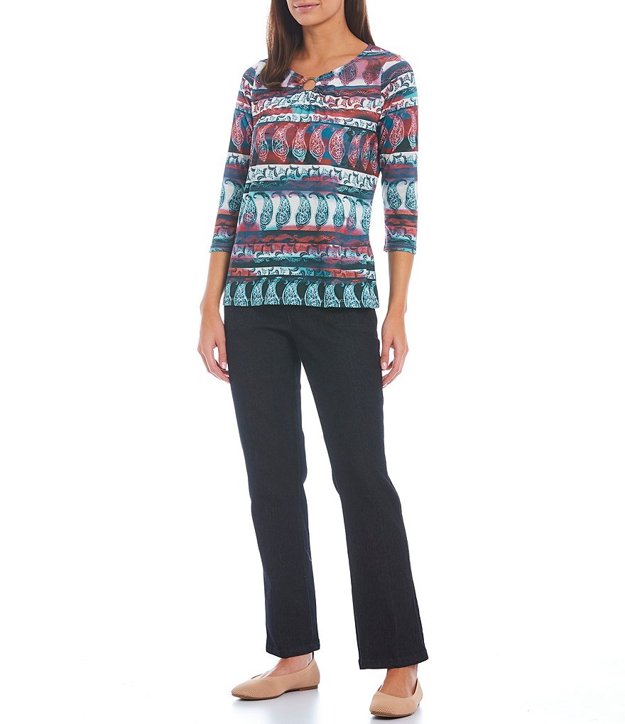 Allison Daley Batik Stripe Knit 3/4 Sleeve Keyhole Round Neck Ring Detail Top