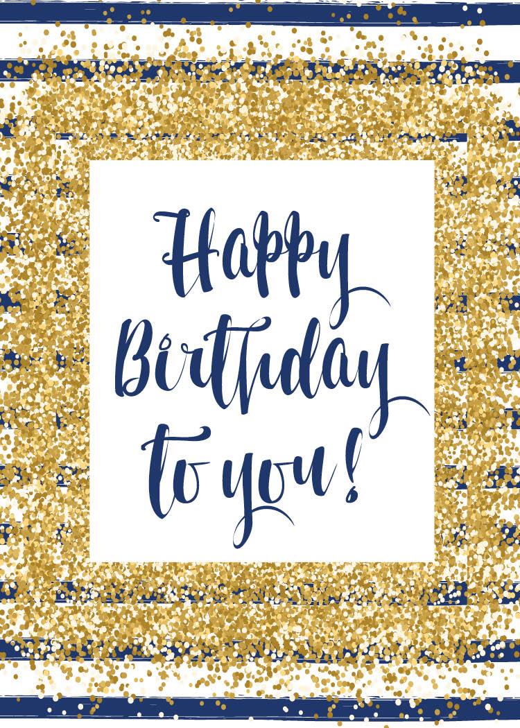 Birthday Greeting Cards - B1704. Greeting Cards Featuring a Birthday Message With a Golden Confetti and Navy Stripe Design. Box Set Has 25 Greeting Cards and 26 Bright White Envelopes.