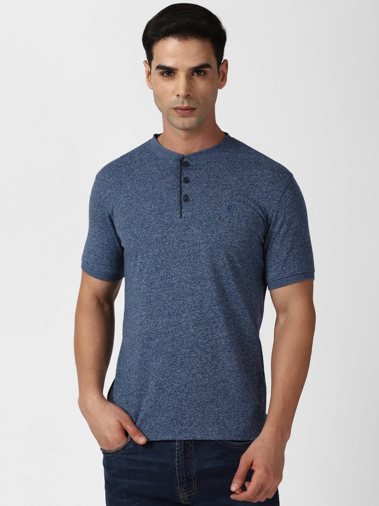 V Dot Blue Slim Fit Texture Henley T-Shirt