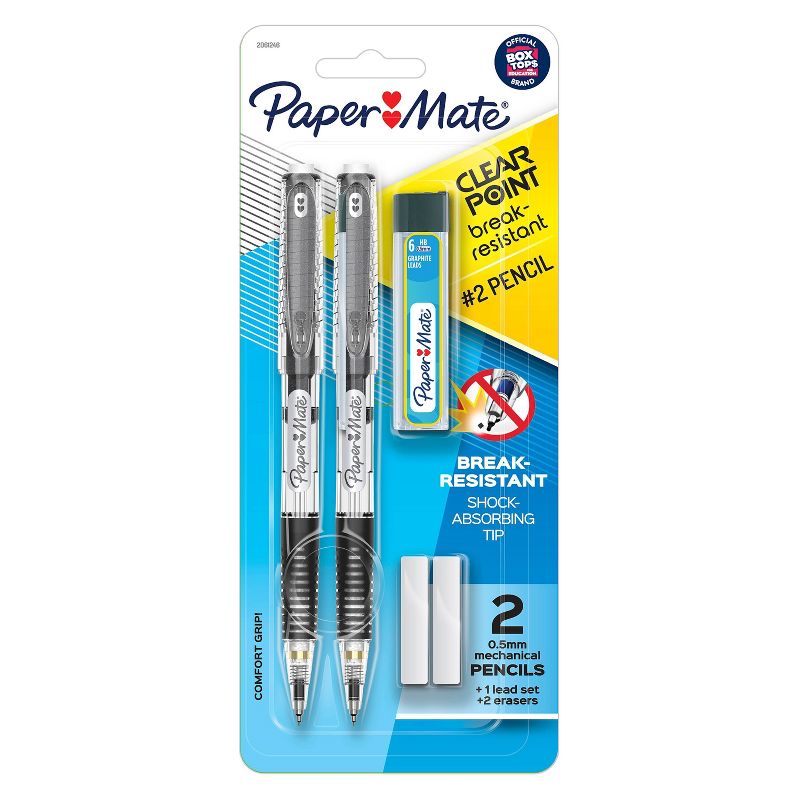 2pk #2 Mechanical Pencils with Lead/Eraser Refill ClearPoint Break Resistant .5mm Black - PaperMate