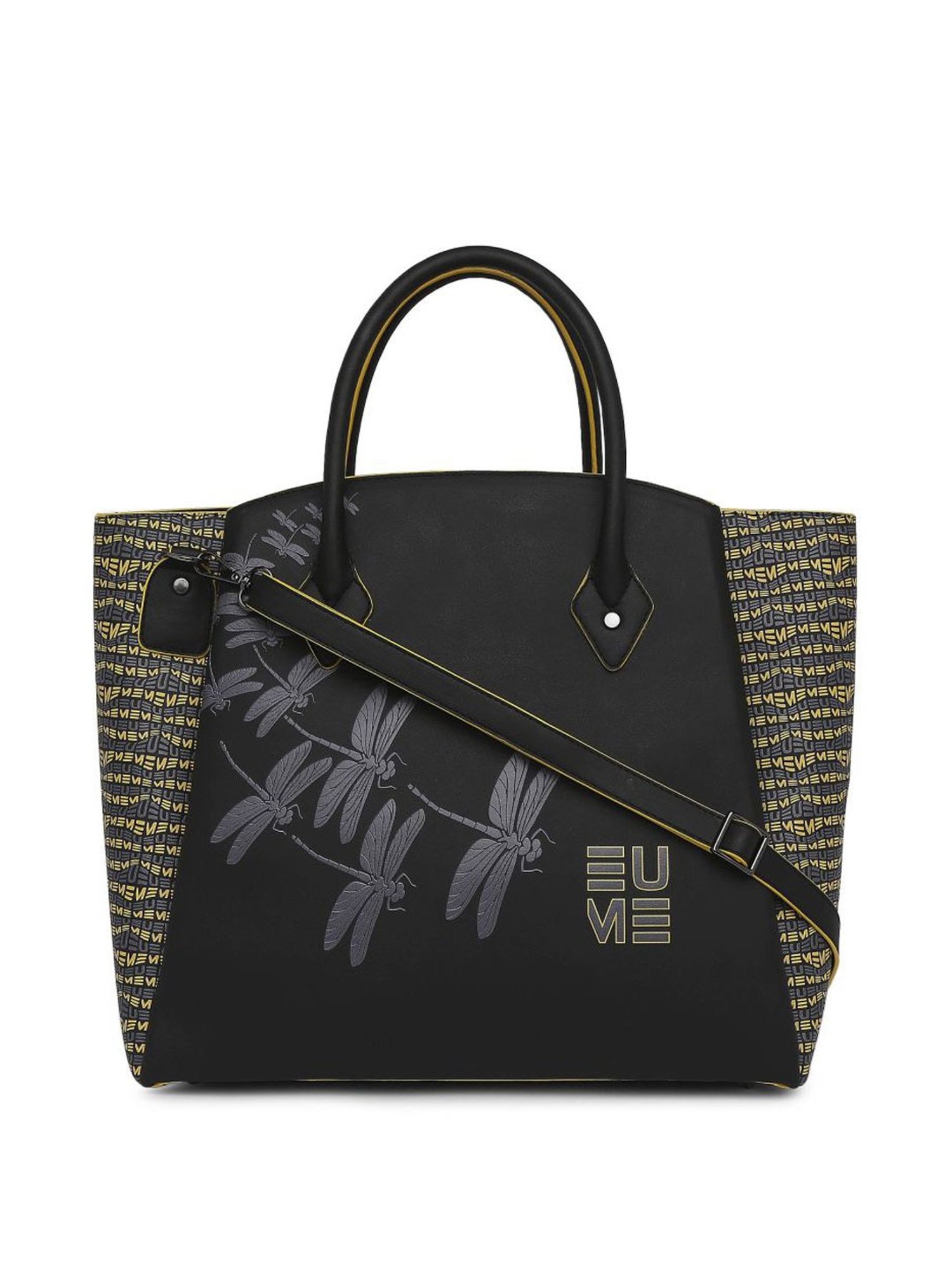 Eume Dragonfly Black Leather Printed Handbag