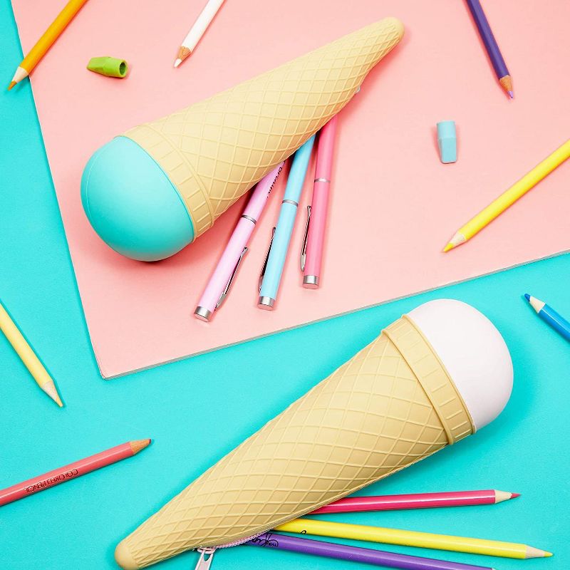 Okuna Outpost 2 Pcs Kawaii Ice Cream Cone Pencil Case Zipper Pouches Pen Organizer Storage, Pink, Mint