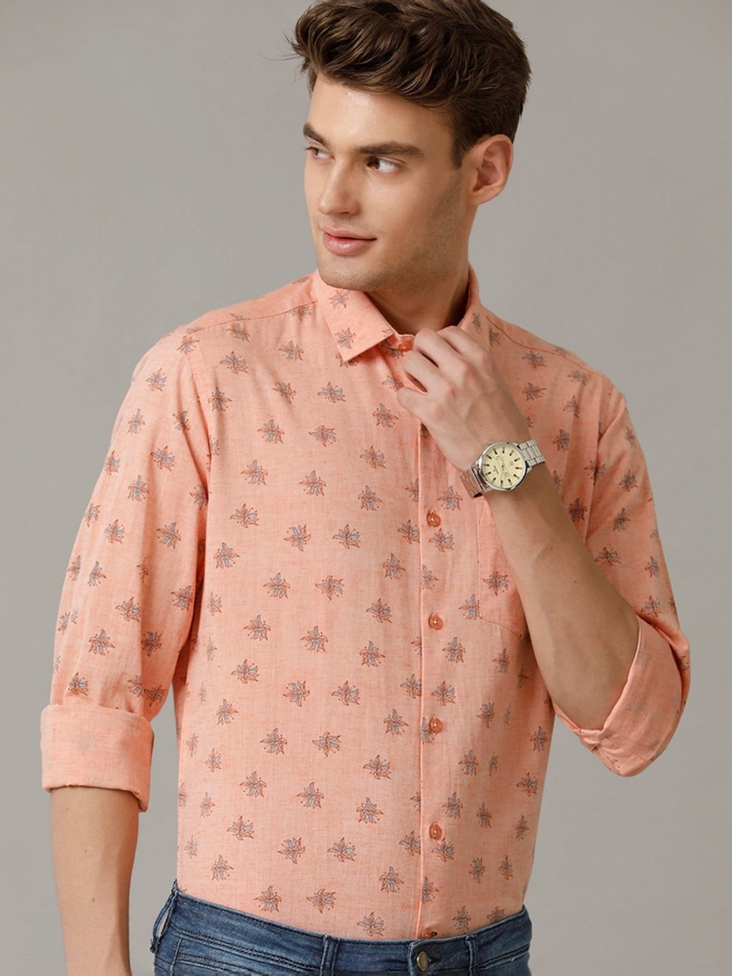 Cavallo By Linen Club Orange Linen Contemporary Fit Printed Shirt