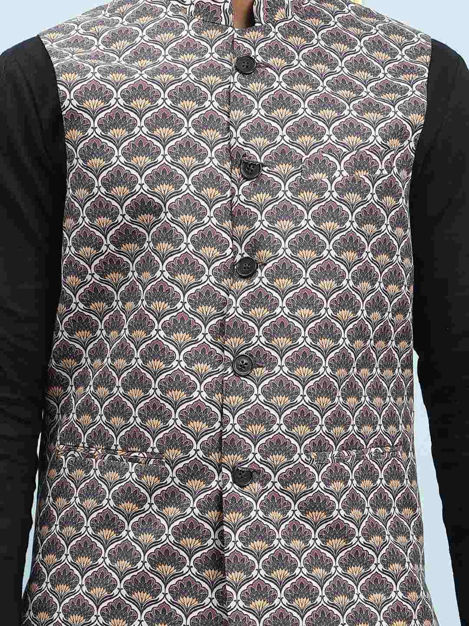 See Designs Black Slim Fit Printed Nehru Jacket