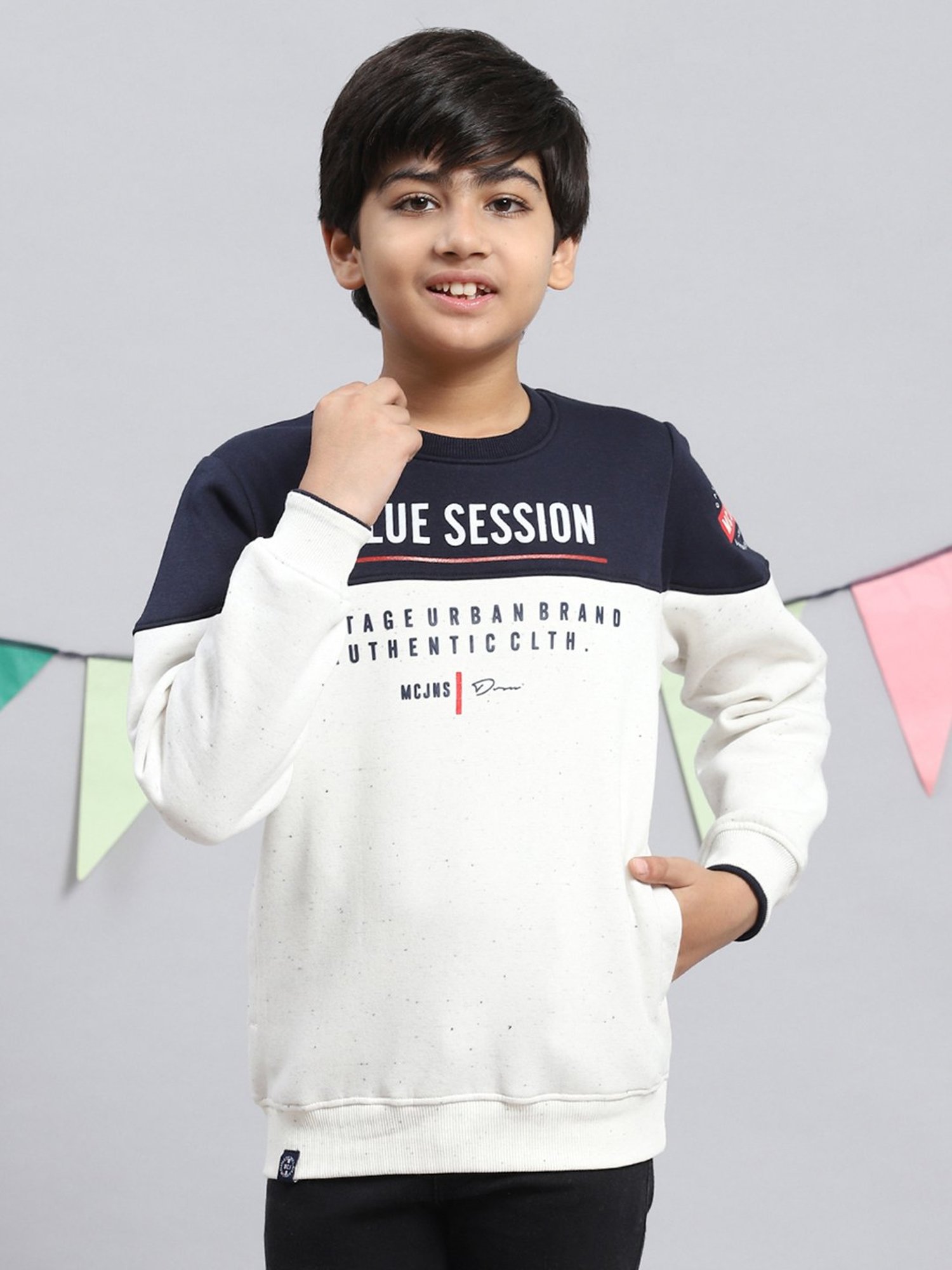 Monte Carlo Kids Off White & Navy Printed Full Sleeves Sweatshirt