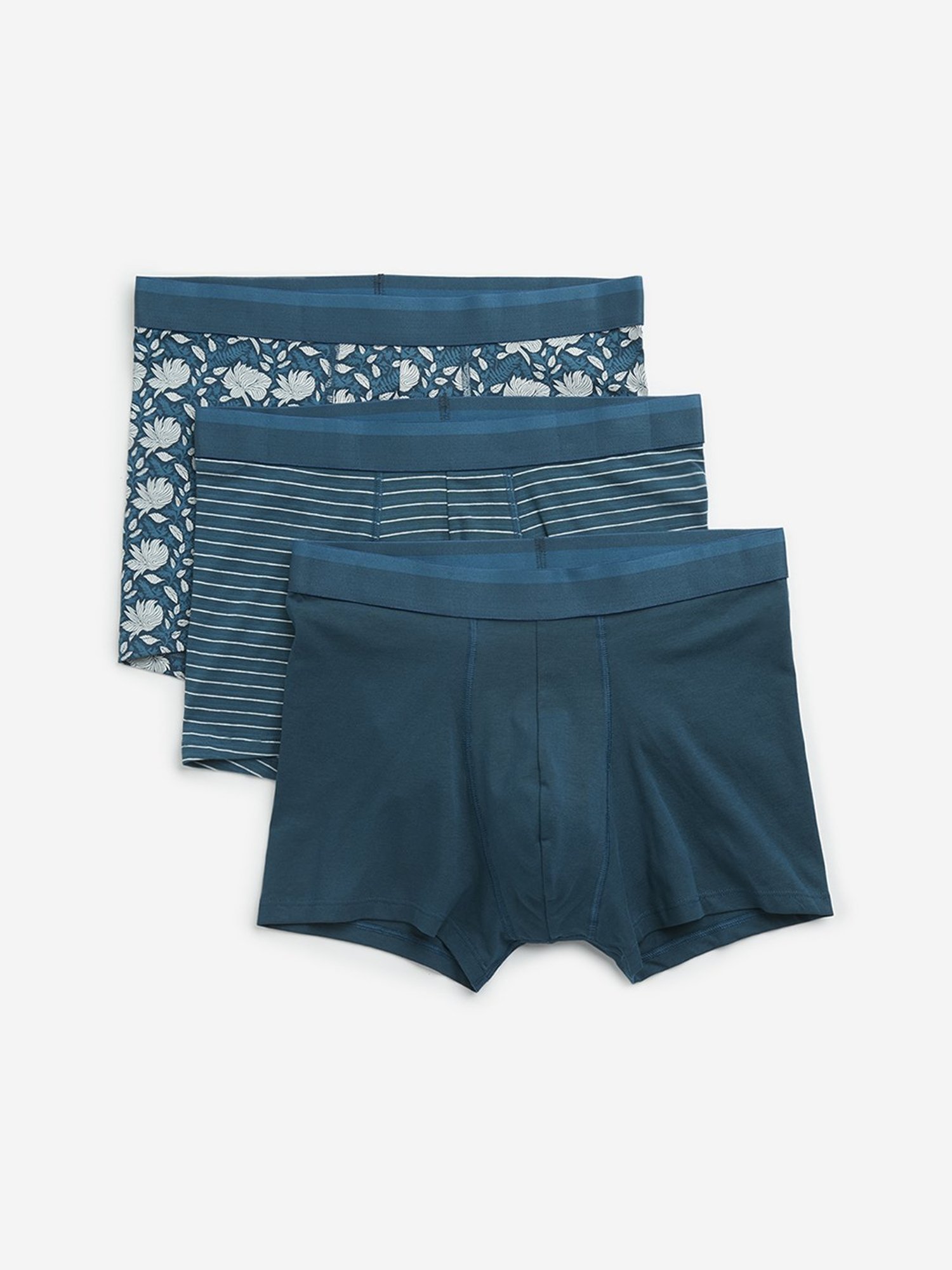 WES Lounge by Westside Teal Printed Cotton Blend Trunks - Pack of 3