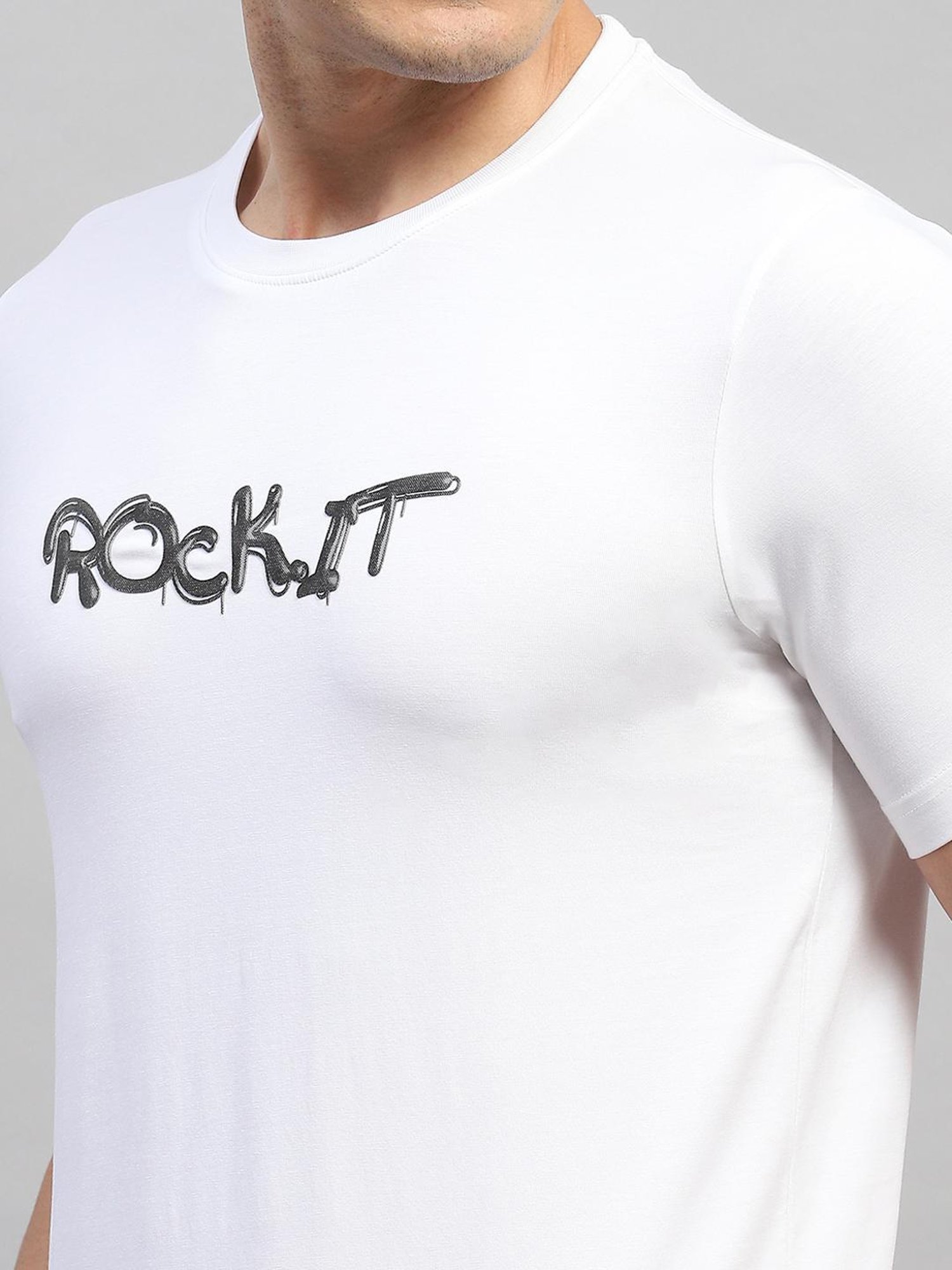 Rock.it White Cotton Regular Fit Printed T-Shirt