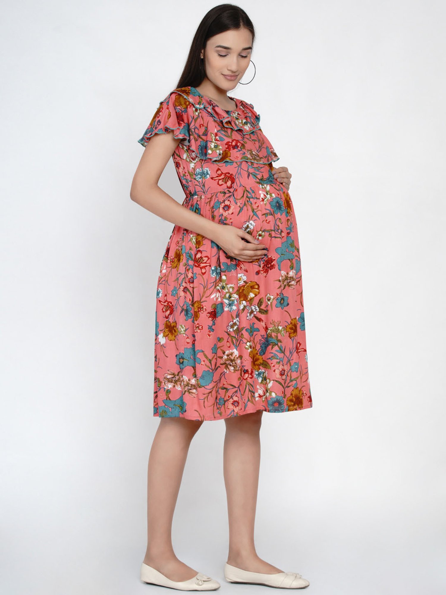 Mine4Nine Pink Floral Print Maternity Dress