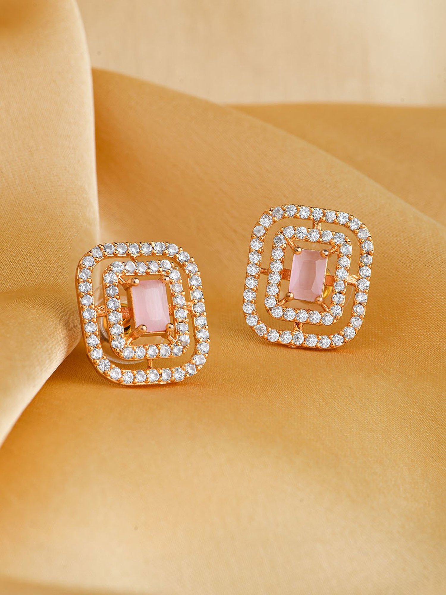 ToniQ Luxurious Gold-Plated American Diamond & Pink Stone Studded Geometric Stud Earrings for Women