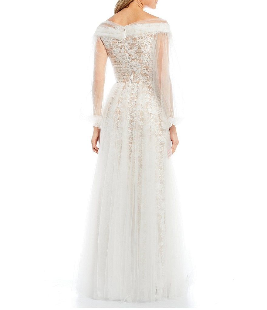 Tadashi Shoji Lace Tulle Layered Off-the-Shoulder Balloon Sleeve Bridal Ball Gown