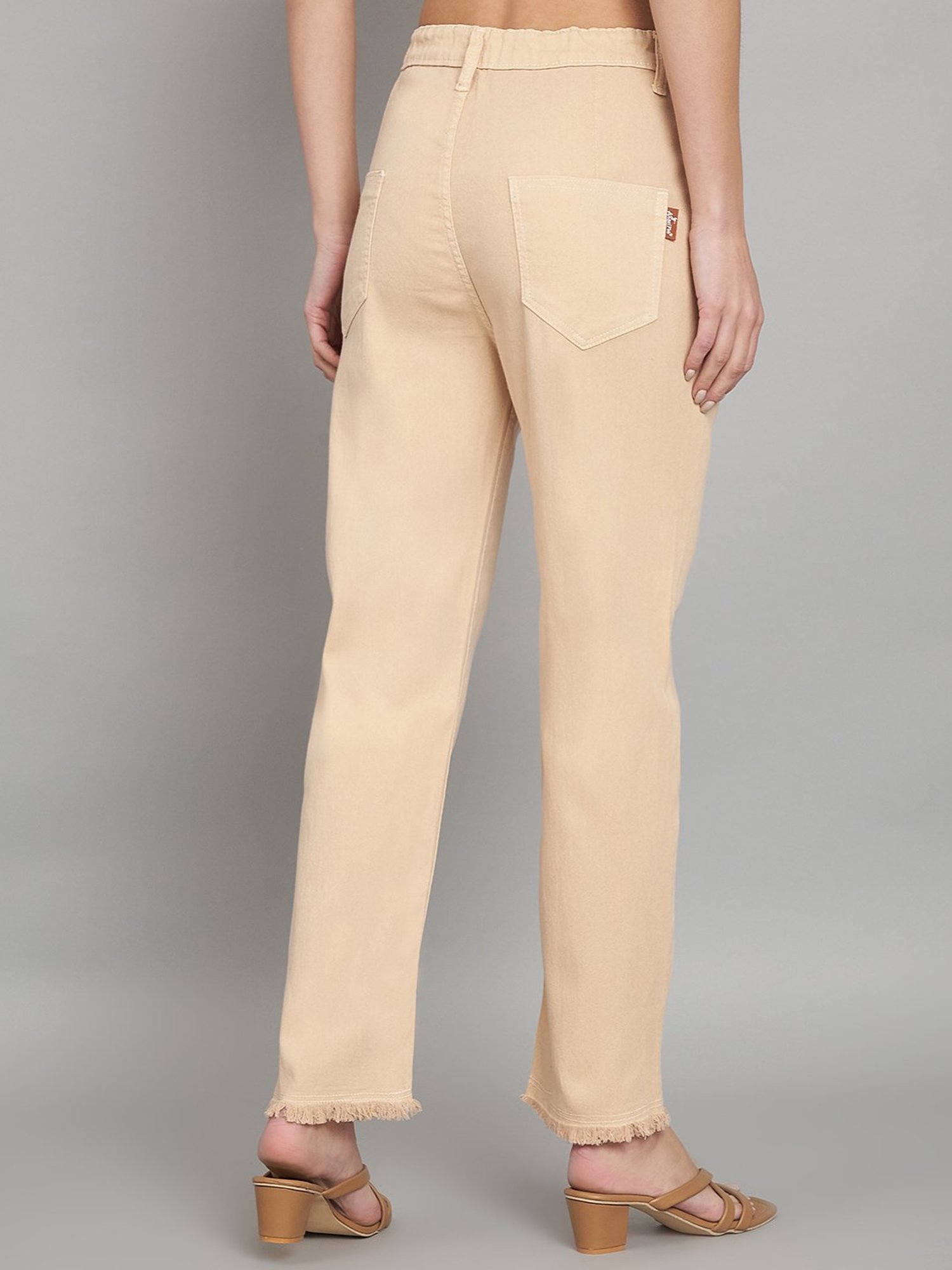 Angelfab Beige Cotton Straight Fit High Rise Jeans