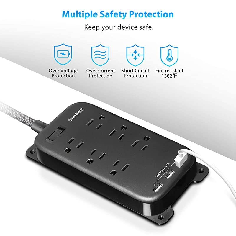 6 Outlets Power Strip with 3 USB (3.1A,15W),  Wall Mountable Power Strip Flat Plug with 6Ft Braided Extension Cord, Overload Protection for Travel Desk Office Home Cruise Ship