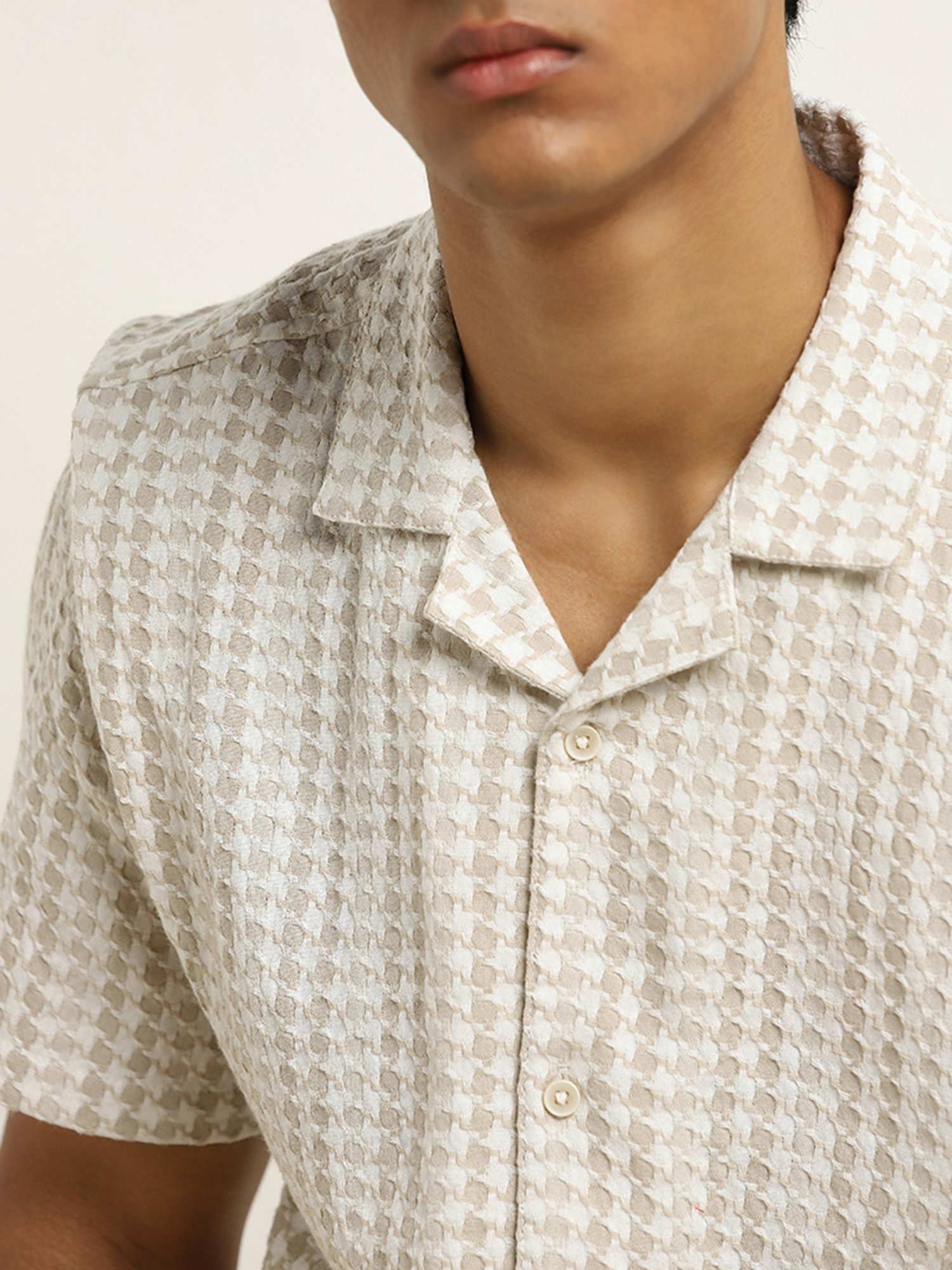 ETA by Westside Beige Houndstooth Design Relaxed-Fit Cotton Shirt