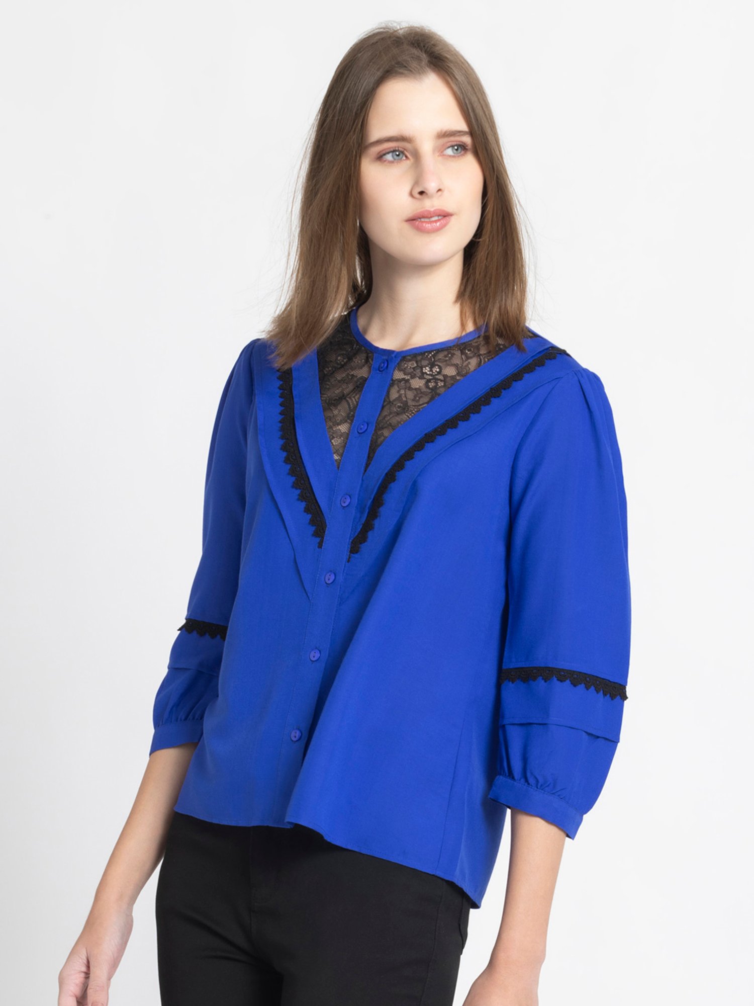 SHAYE Blue & Black Lace Top