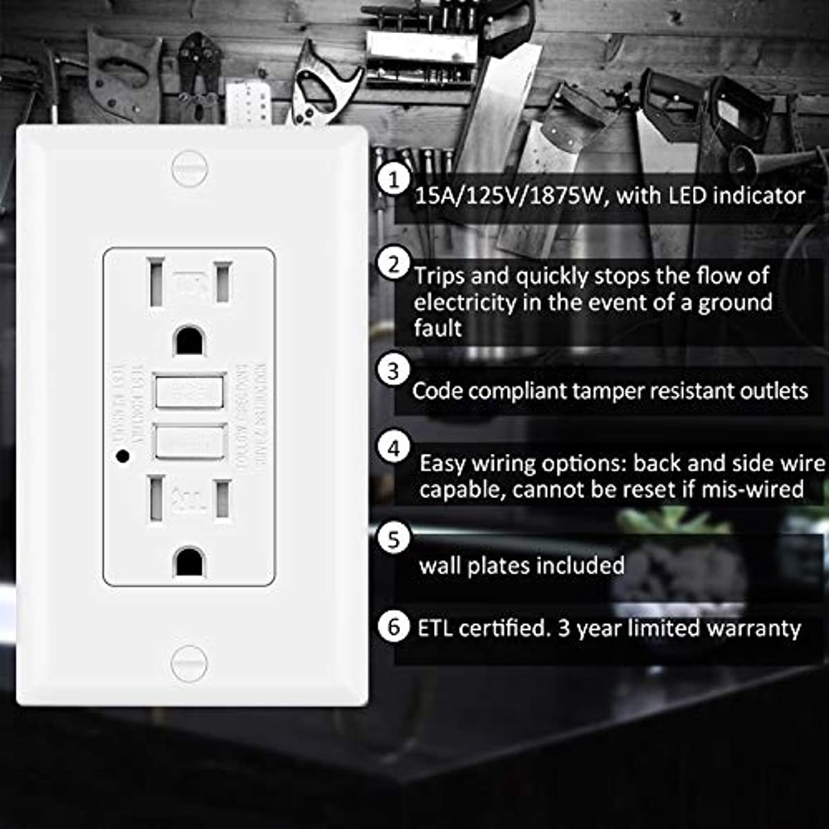 [10 Pack] BESTTEN 15 Amp GFCI Outlet, Tamper-Resistant (TR) GFI Receptacle with LED Indicator, Wallplate Included, ETL Certified, White