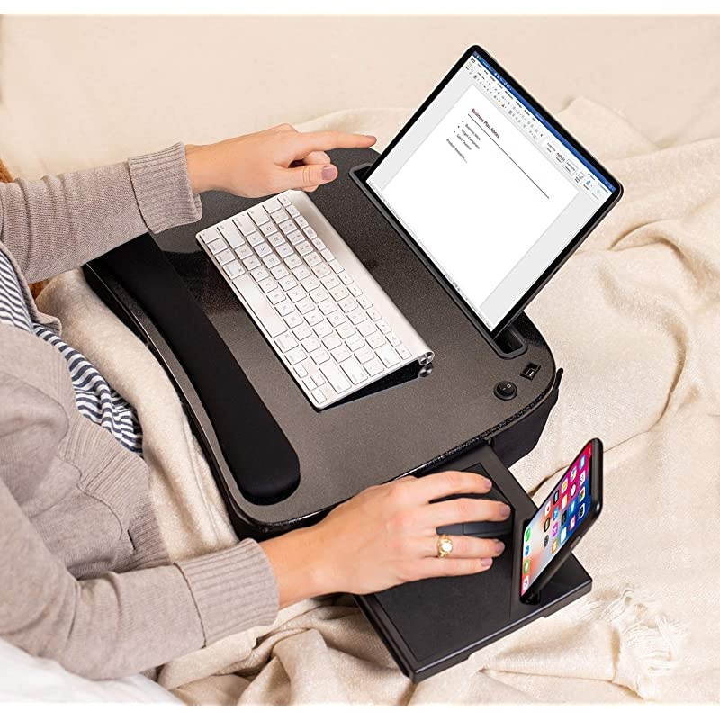 Multi Tasking Memory Foam Lap Desk with USB Light and Mouse Pad - Portable Foldable Home Working Office Workstation - Bed Table Tray for Eating - Fits Computer Up to 15" - Soft Cushion
