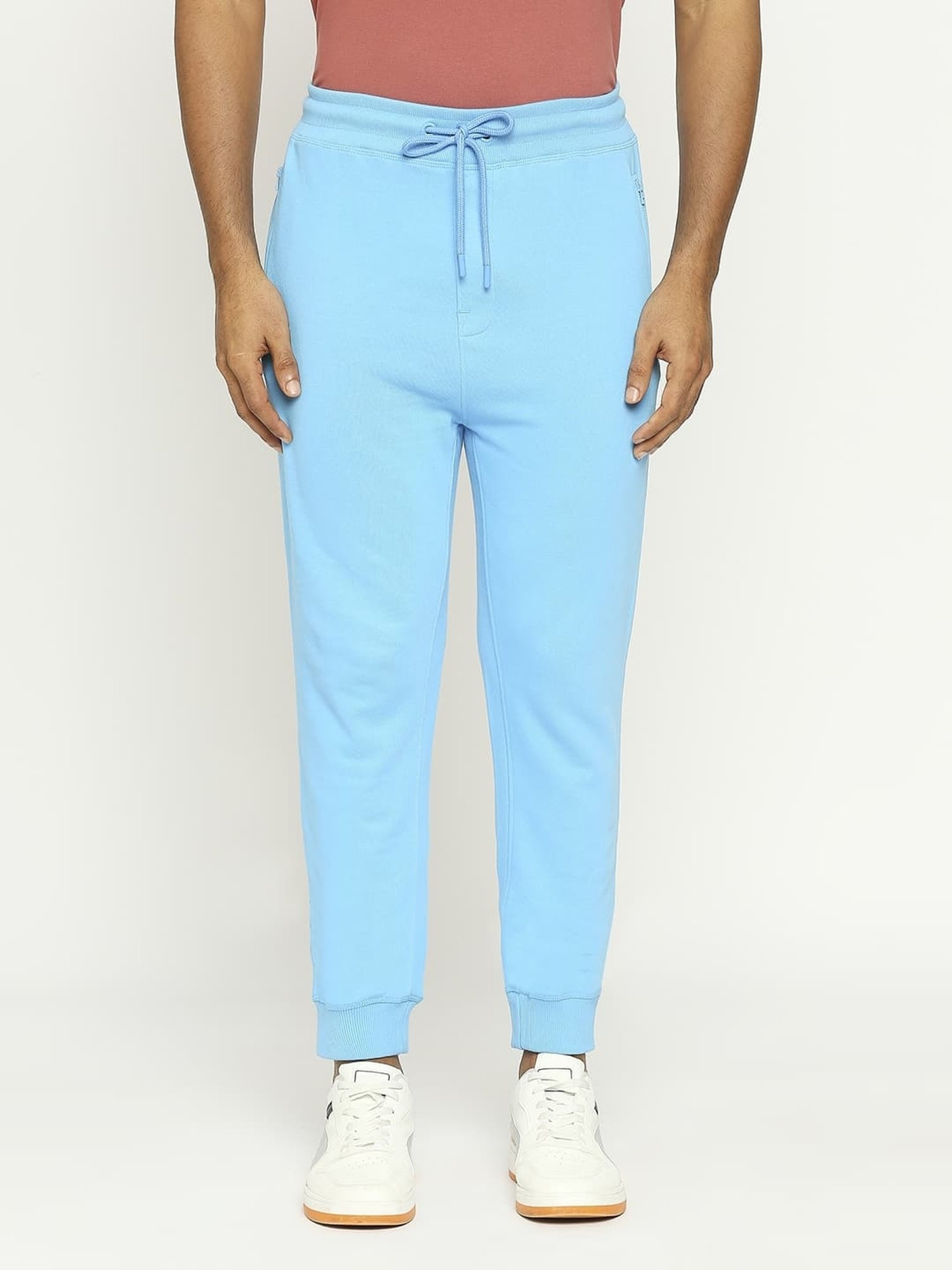Basics Mid Blue Cotton Jogger Fit Texture Joggers