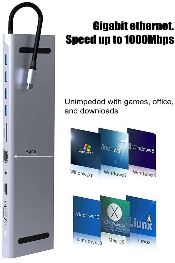 Rome Care USB C Docking Station, 11 in 1 Type C Hub with 4K HDMI Ports, RJ45 Ethernet, 4 USB 3.0 Ports, SD/TF Cards Reader, PD USB-C Charging Port, Audio/Mic, for Mac OS and Windows