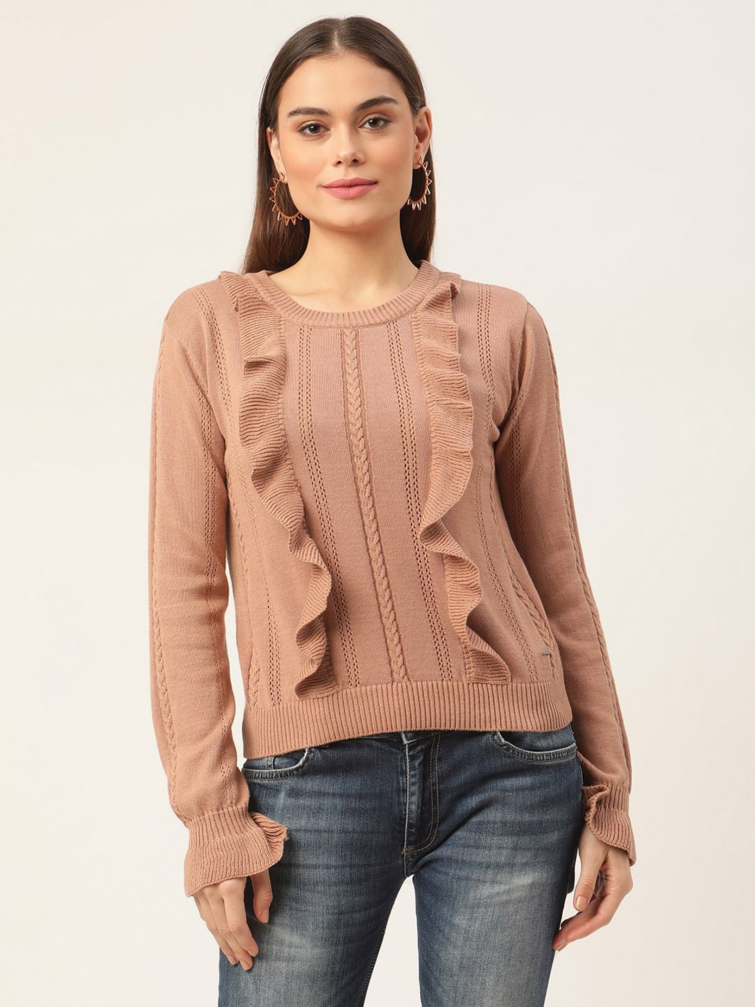 Elle Light Brown Round Neck Sweater