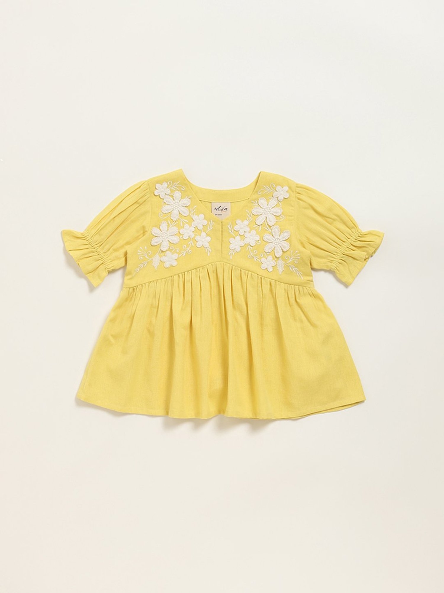 Utsa Kids by Westside Yellow Embroidered Cotton Blend Empire Dress