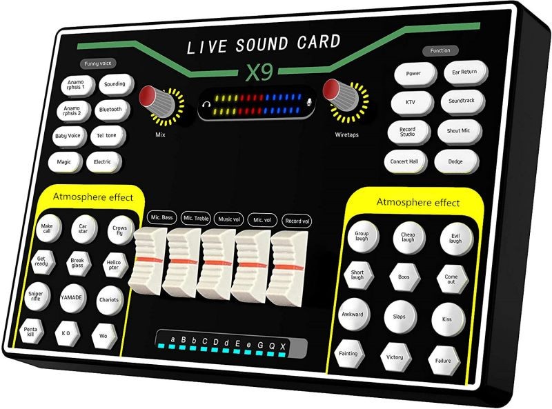X9 Mini Audio Mixer Sound Card with DSP Independent Reverb Chip, 48V Power Multiple Sound Effects for Live Streaming Studio Recording Karoke Singing for PC or Mobile Phone
