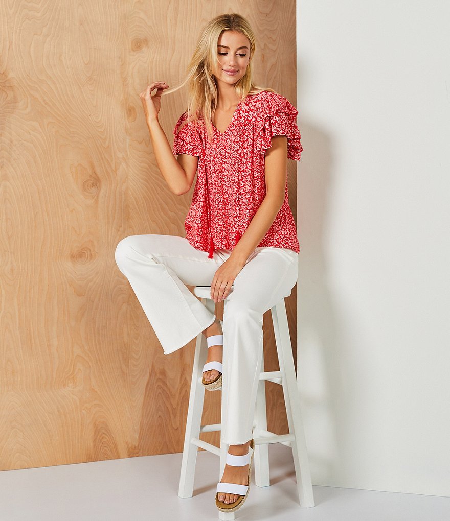 A Loves A Floral Print Ruffle Cap Sleeve Blouse