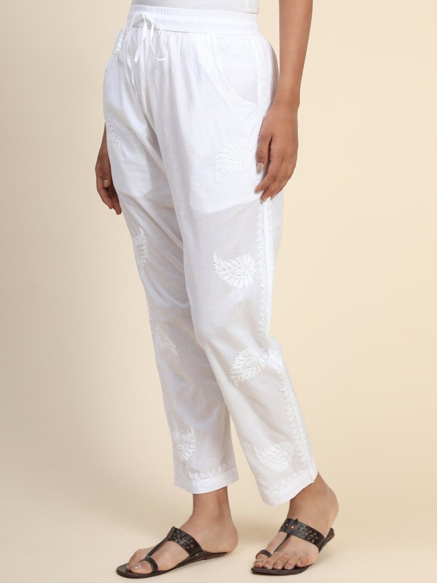 HOK Chikankari Cotton Pant Trouser White