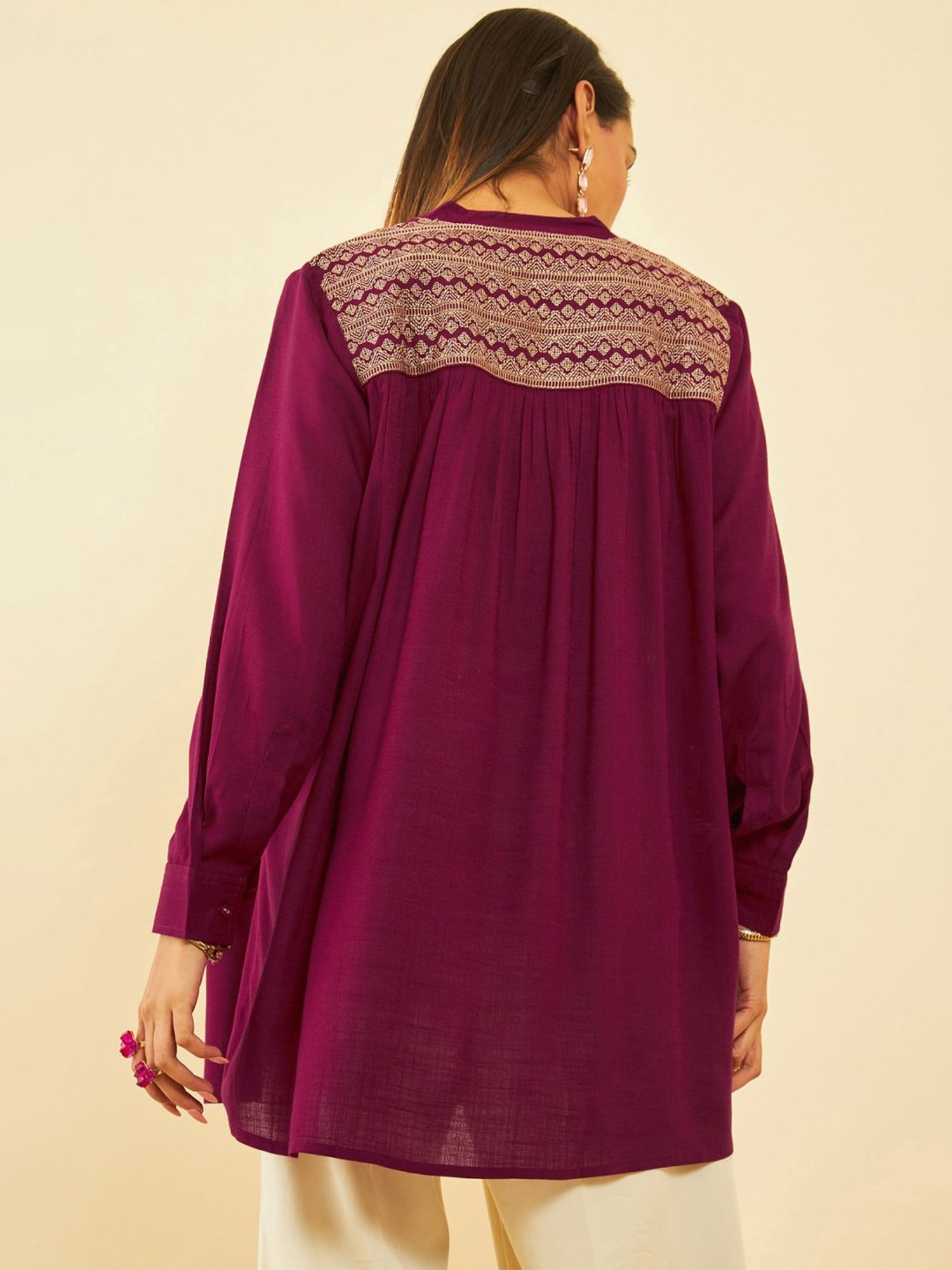 Soch Womens Wine Rayon Slub Embroidered Alia-Cut Tunic