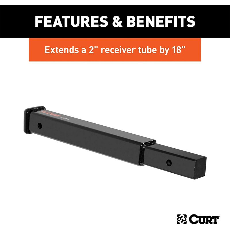 CURT 45796 18 Inch Corrosion Resistant Trailer Hitch Extension for 2 Inch Receiver Tube Holds 3500 Pounds and Extends Tow Load, Black
