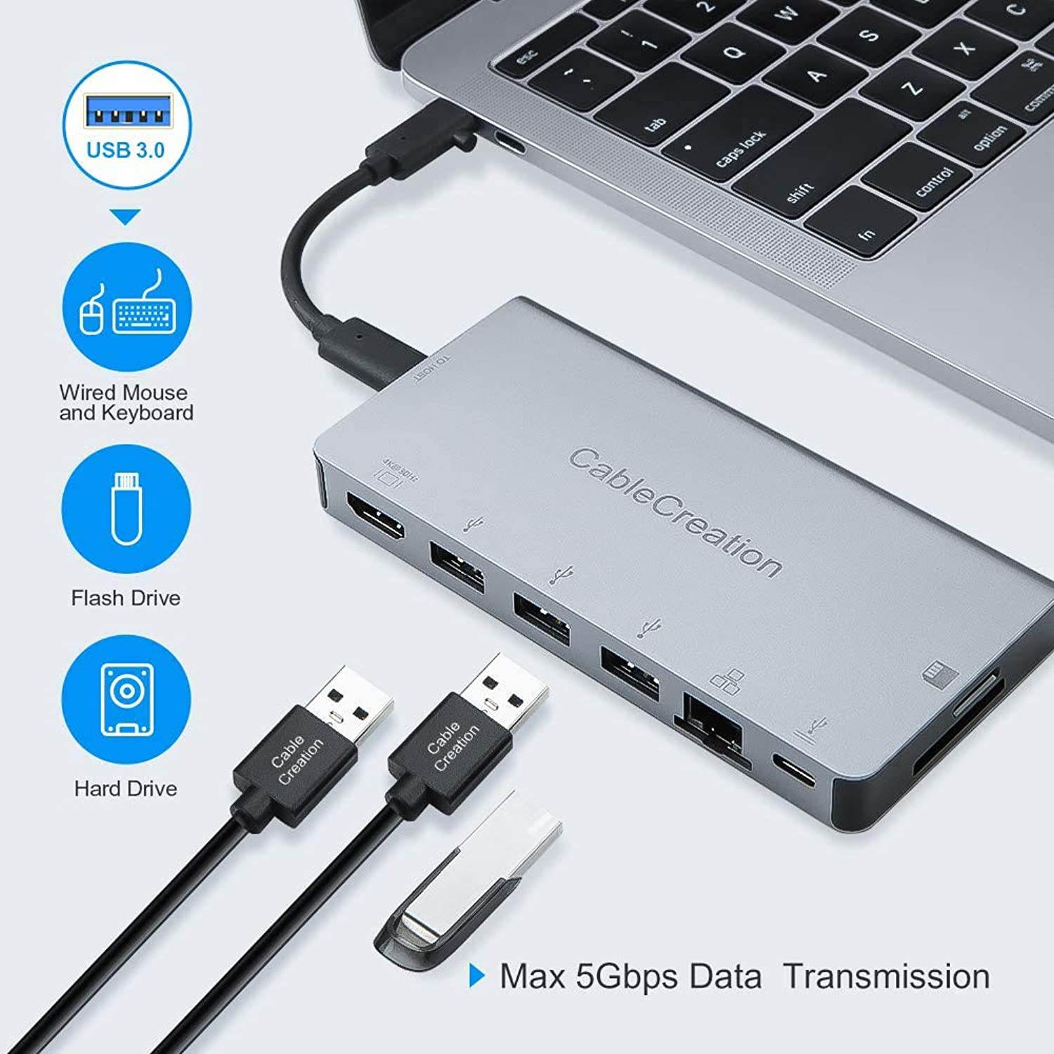 USB C Multiport Adapter, CableCreation USB Type C (Compatible Thunderbolt 3) to HDMI 4K + USB 3.0 + Gigabit Ethernet + SD/Micro SD + PD Charging Dock Hub, Space Gray