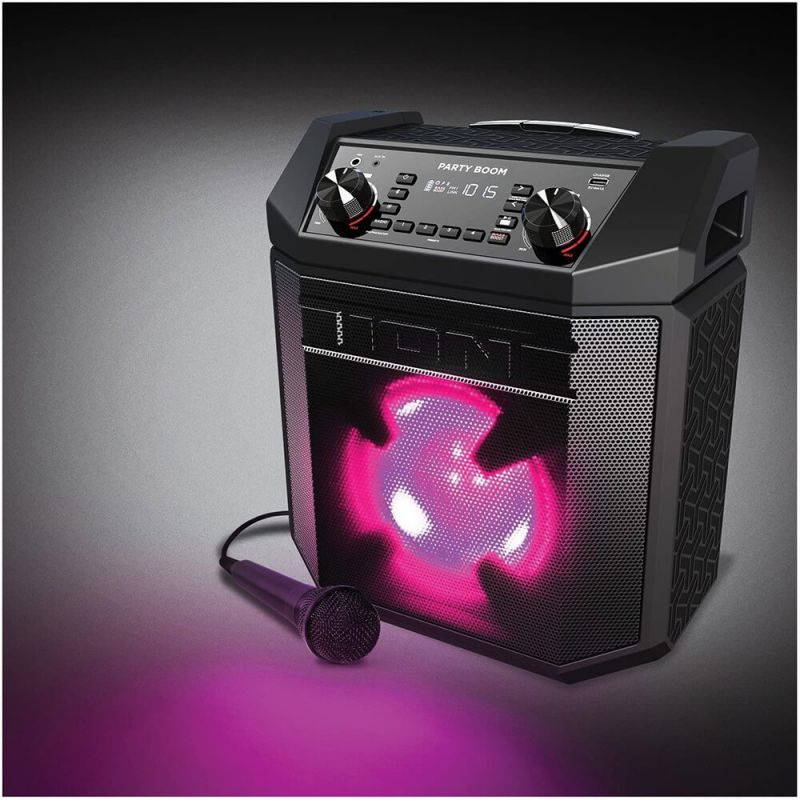 Ion Audio Party Boom Bluetooth Wireless Speaker System with 100-Watt Peak Power Amplifier, Color-Changing Woofer, AM/FM Radio, and USB Charging, IPA101