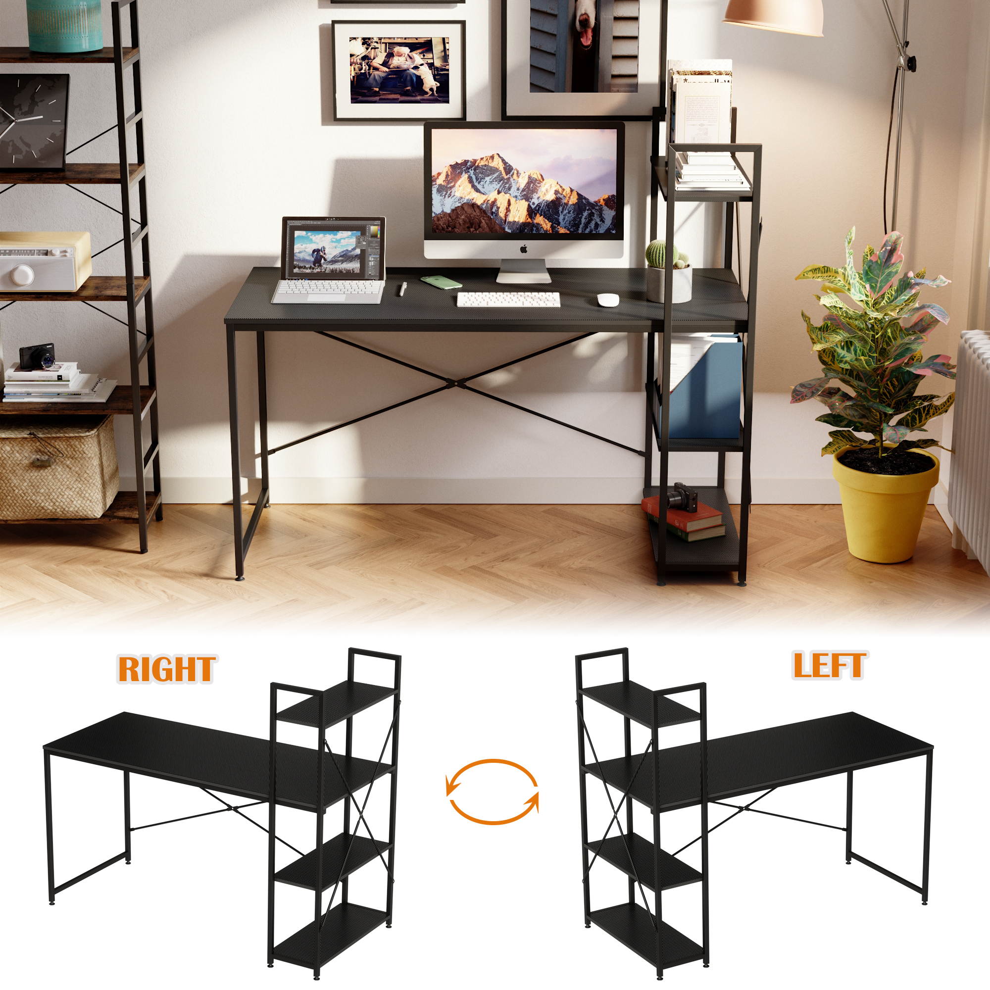 Bestier 63 Inch Computer Desk with Storage Shelves, Modern Bookshelf Desk with Headphone Hook Large Workstation Writing Desk with Reversible Bookshelves Home Office Work Table Study Desk Grey