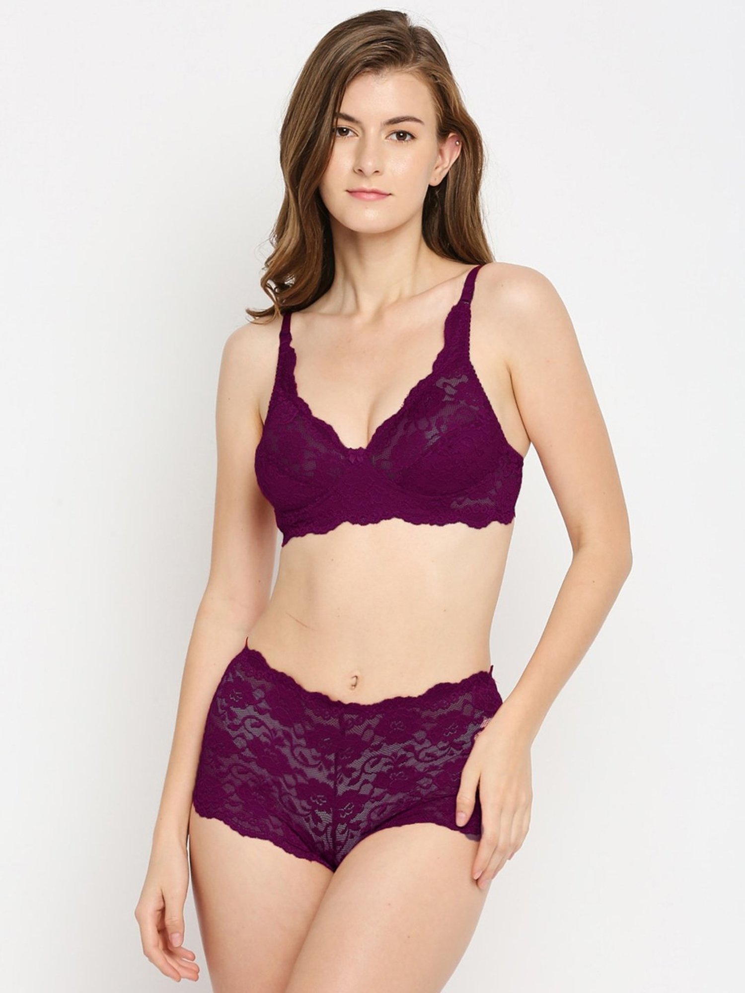 Ira Soleil Purple Lace Pattern Lingerie Set