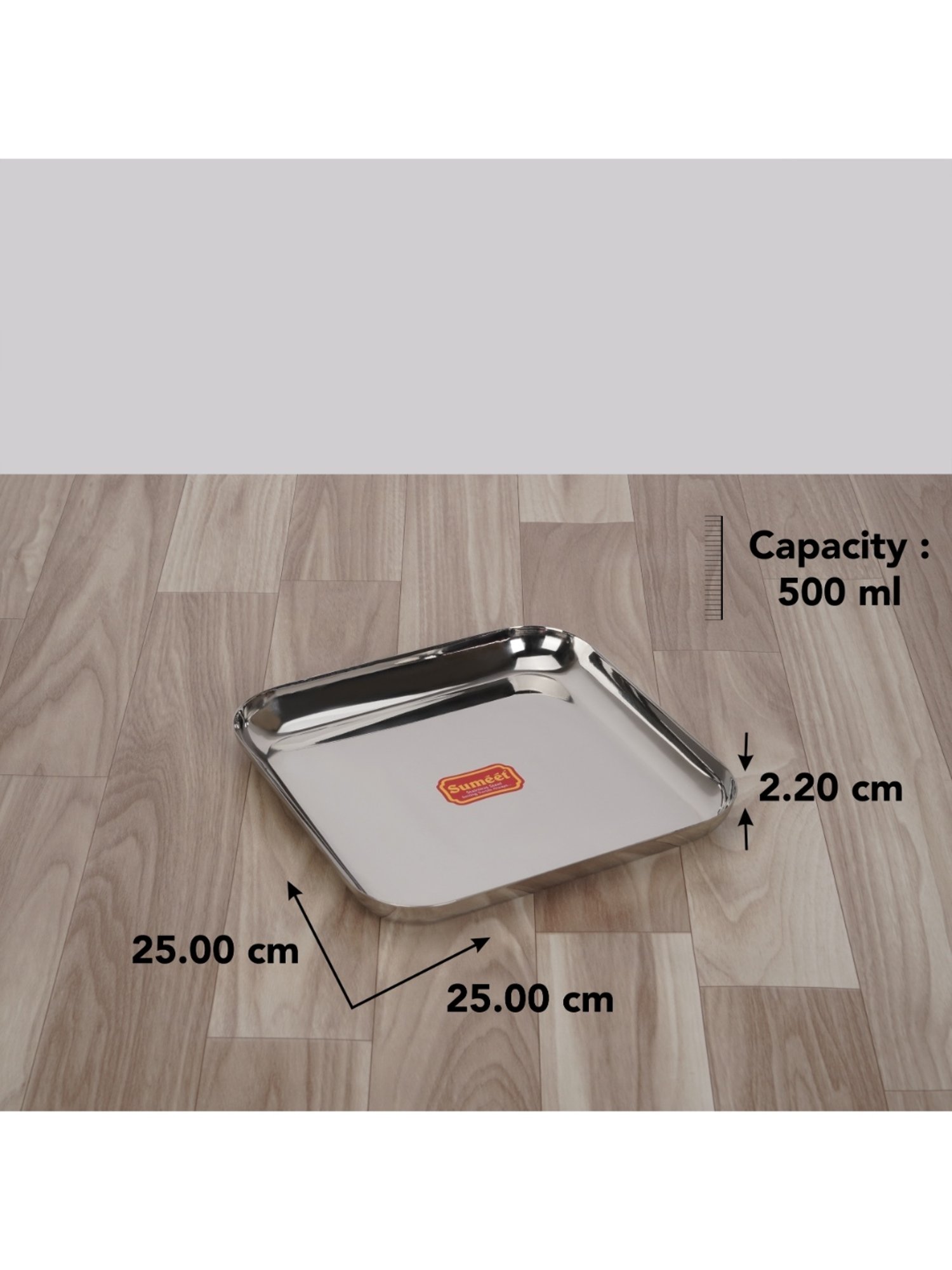 Sumeet S.S. Big Square Shape Plate/Dinner Plate/Lunch-Meal Plate Set of 6pcs, 25cm dia, Silver