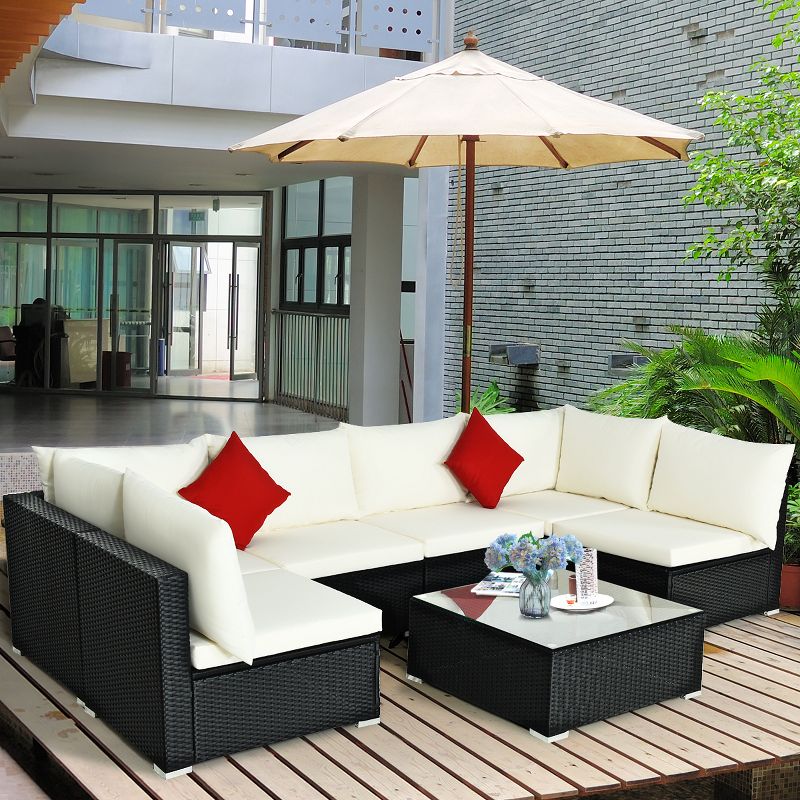 7PCS Patio Rattan Furniture Set Sectional Sofa Cushioned Glass Table Steel Frame