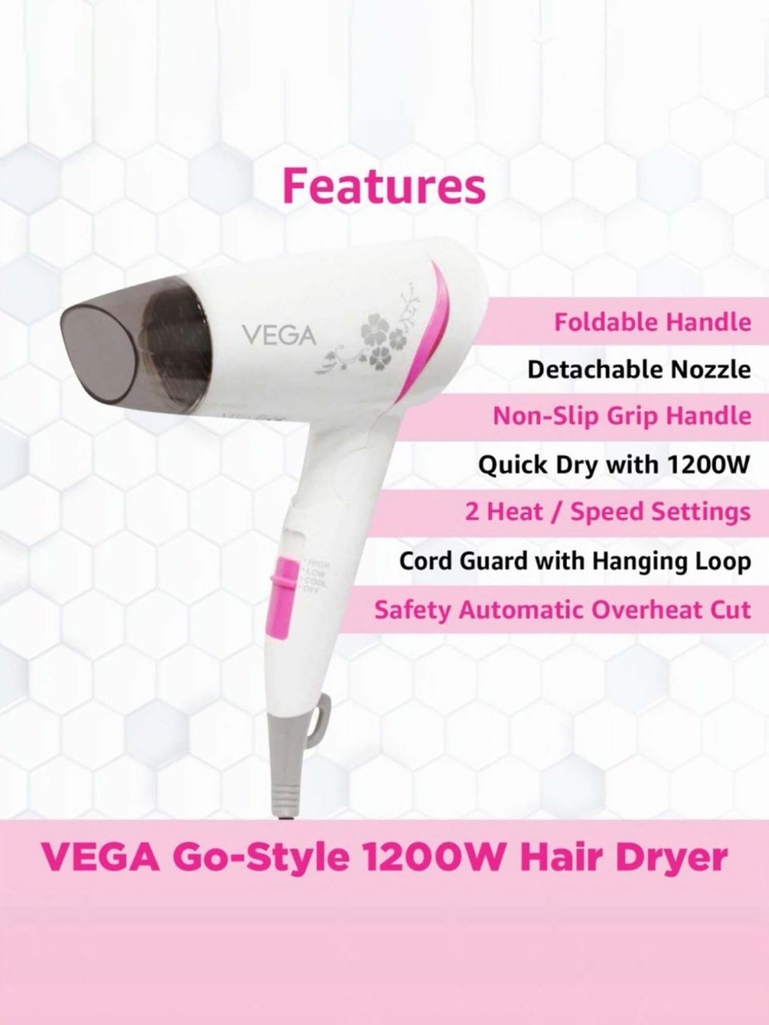 Vega Go-Style VHDH-18 1200W Hair Dryer (White/Pink)