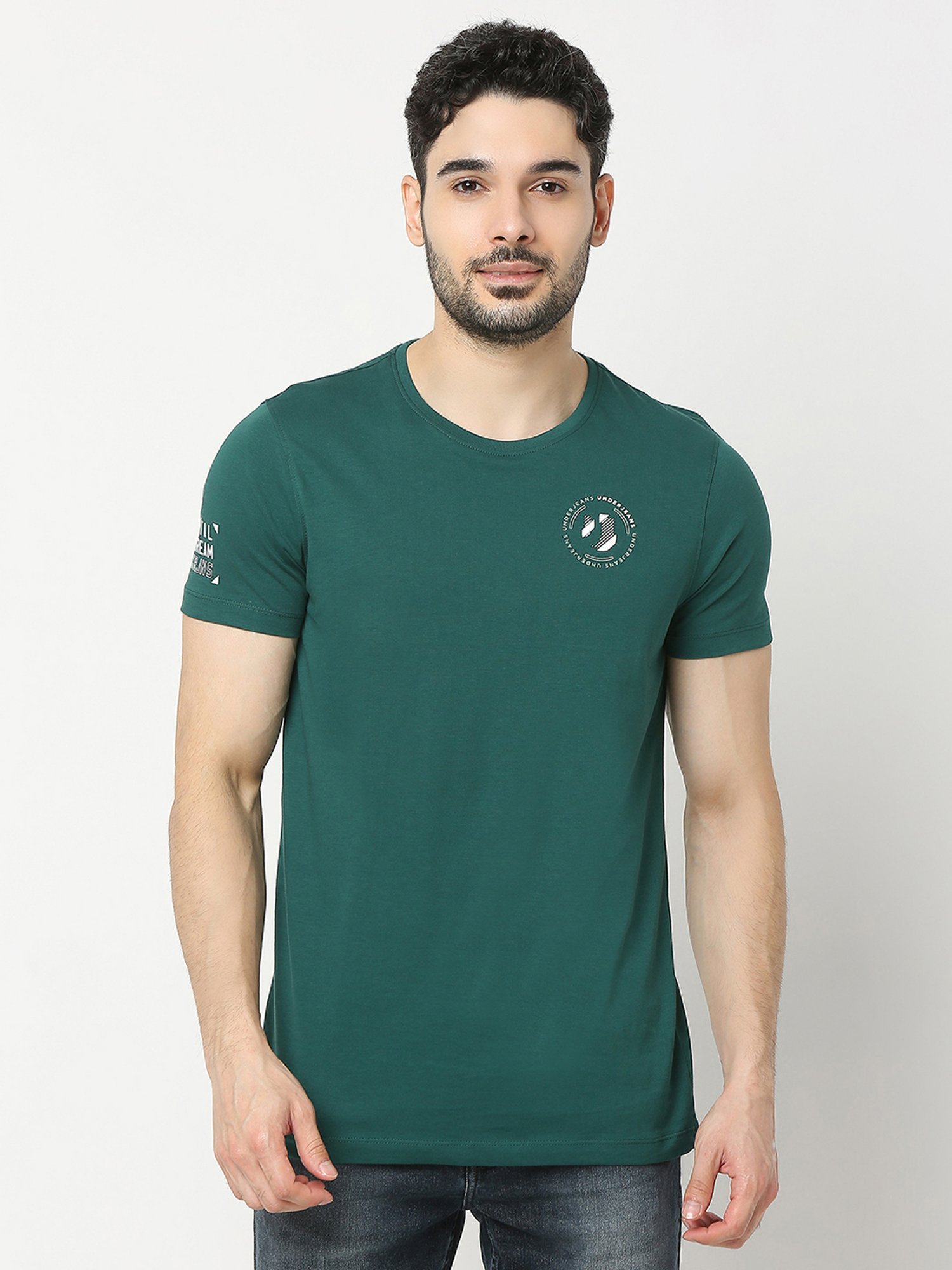UnderJeans by Spykar Green Regular Fit Logo Print Cotton Crew T-Shirt