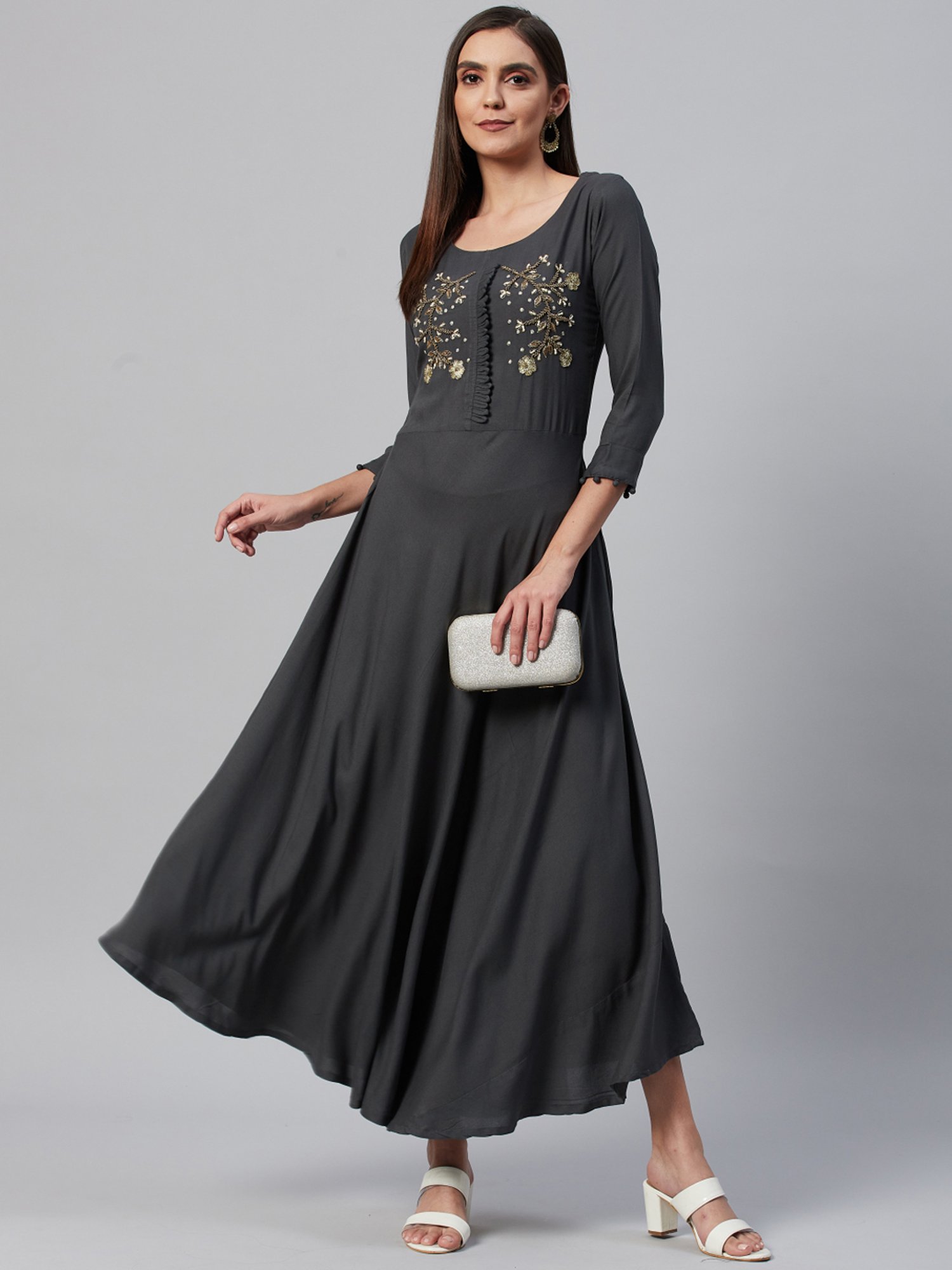 HIGHLIGHT FASHION EXPORT Grey Embellished Maxi Dress