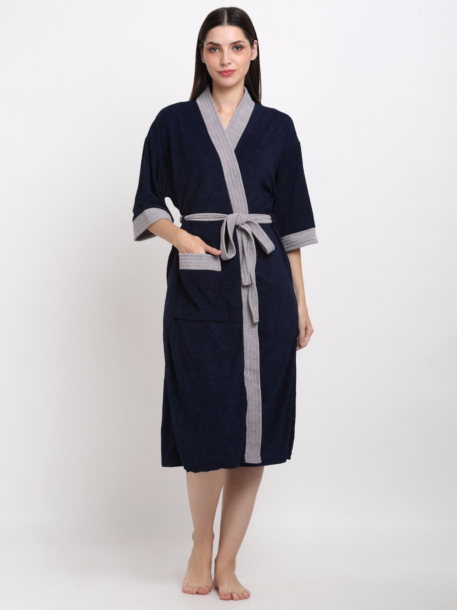 Creeva Everyday Navy & Grey 225 GSM Micro Terry Bathrobe with Front Pocket & Kimono Collar