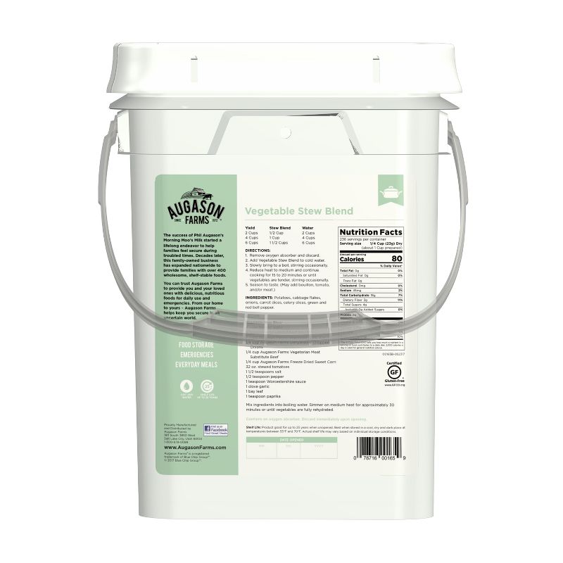Augason Farms Vegetable Stew Blend Certified Gluten Free Emergency Bulk Food Storage 4-Gallon Pail 236 Servings
