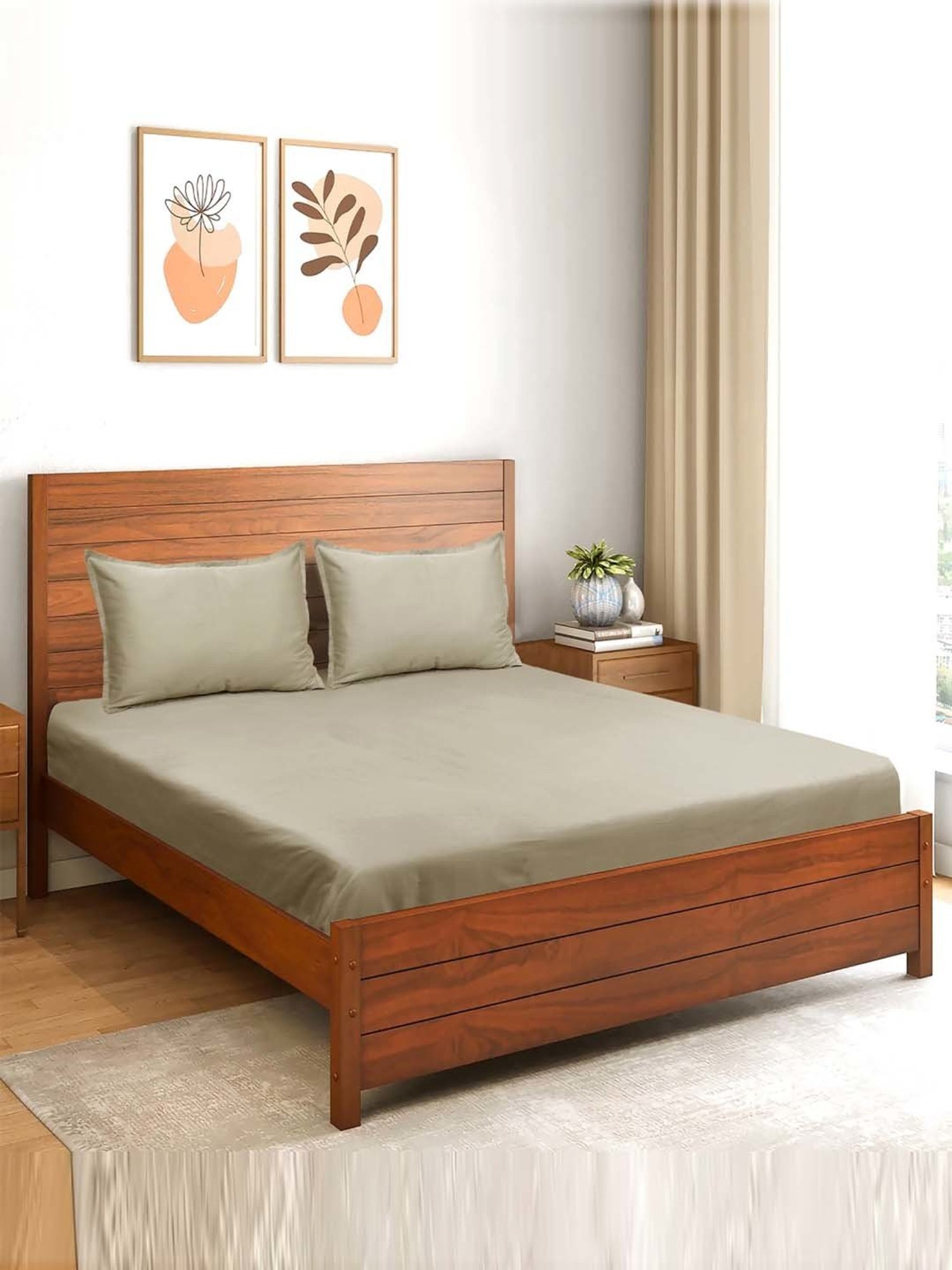 Saral Home Sheen Shine Beige 300 TC Cotton Queen Bedsheet with 2 Pillow Covers