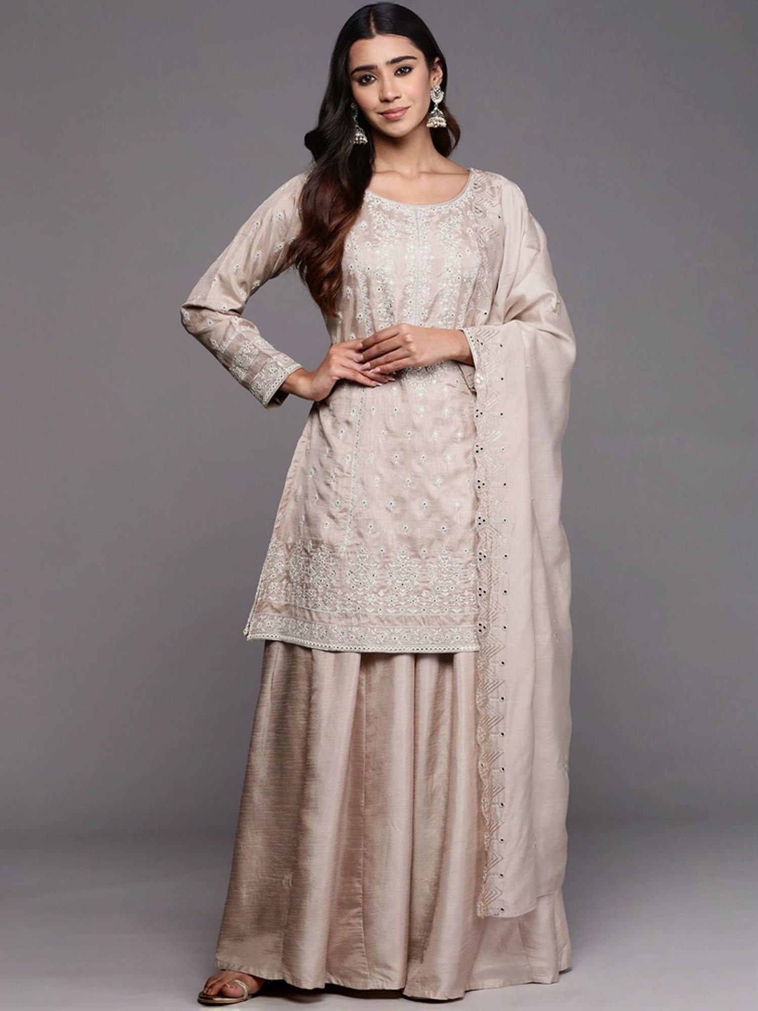 Libas Art Beige Embroidered Kurti Palazzo Set With Dupatta