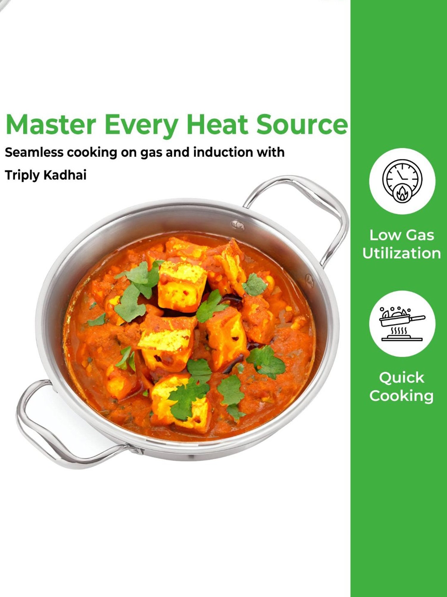 HAZEL Triply Stainless Steel Induction Bottom Kadhai, 2 Litre, 22.5 cm