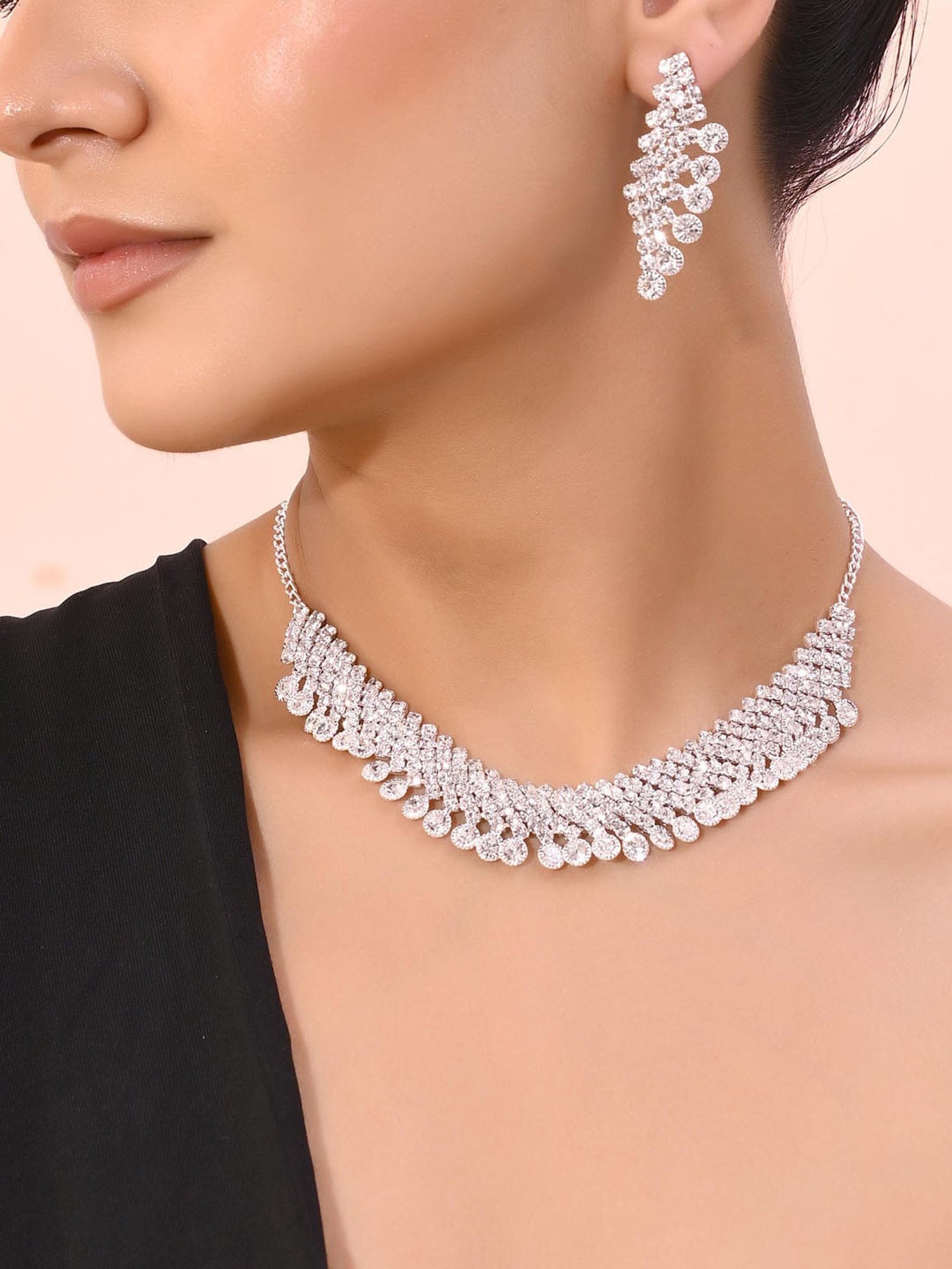 VOJ Ad Stone Studded Silver Plated Necklace with Drop Earrings Set for Women