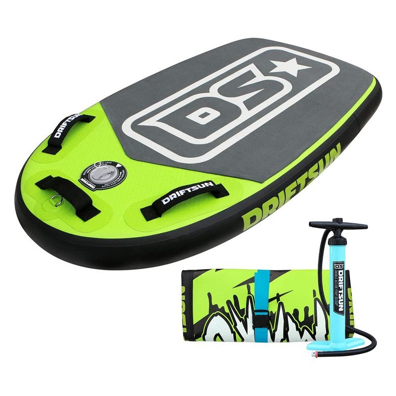 Driftsun Mako 42 Inch Inflatable Lightweight Bodyboard Package w/ Travel Storage Board Straps and Pump for Beginner Kid and Adult Water Sports, Green