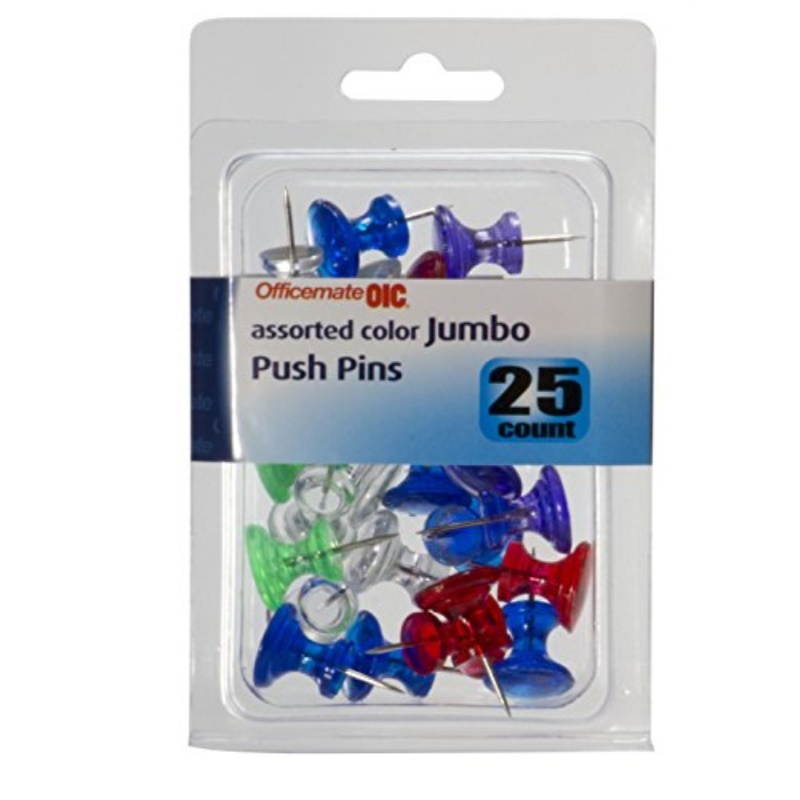 Officemate OIc Jumbo Push Pins, Assorted colors, 25 Pack (92613)