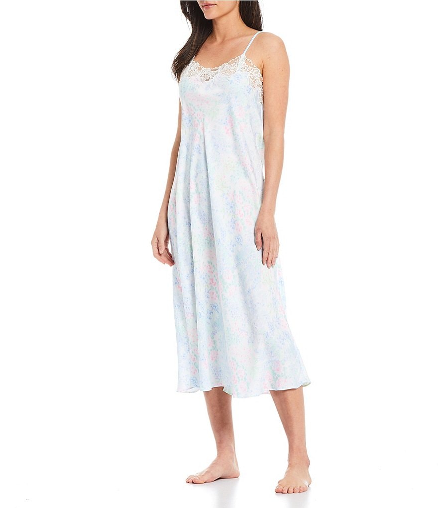 Eileen West Floral Printed Silky Satin Long Nightgown