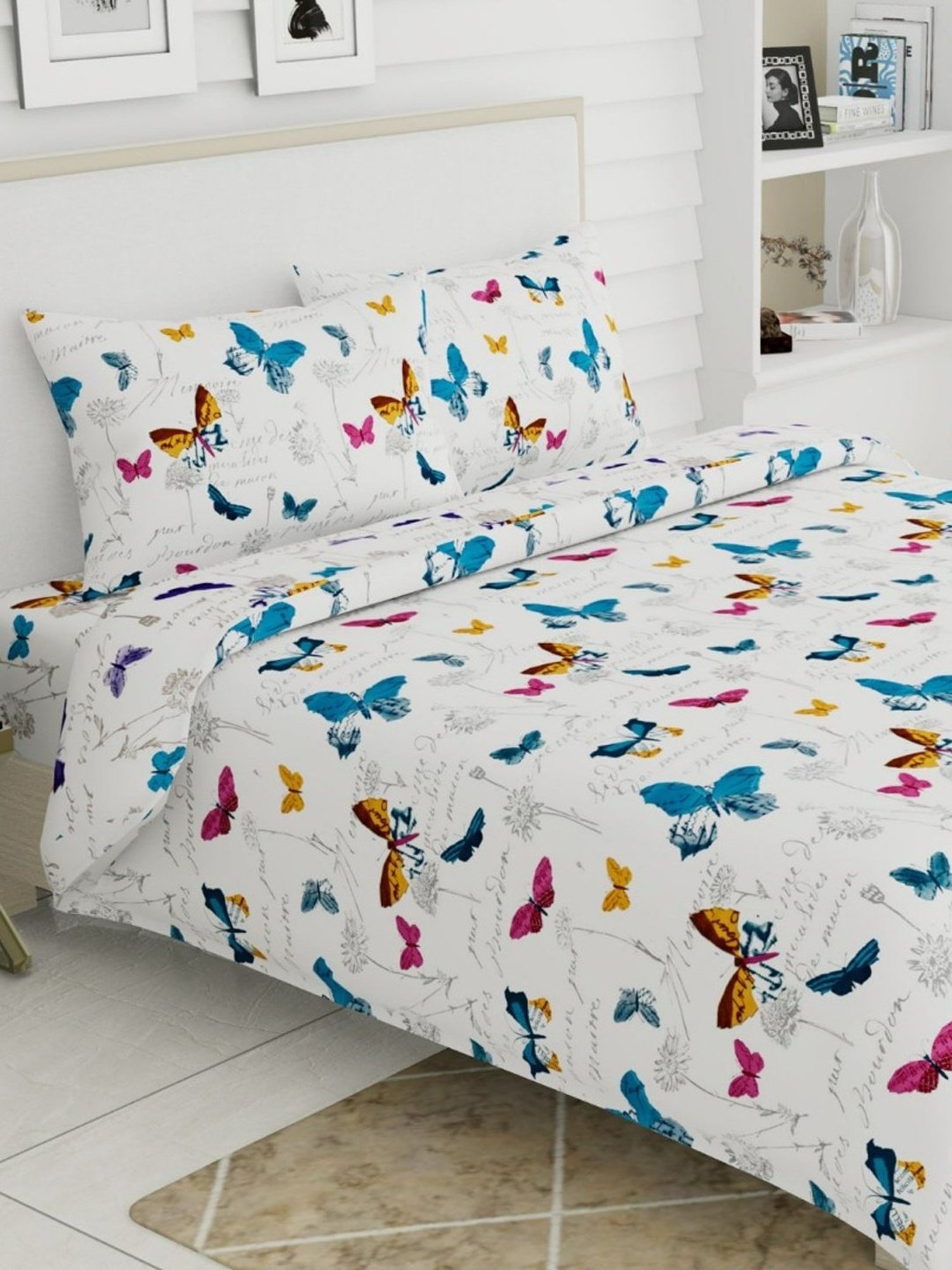 Haus & Kinder French Riviera Printed Blue 186 TC Cotton Bed Sheet with 2 Pillow Covers