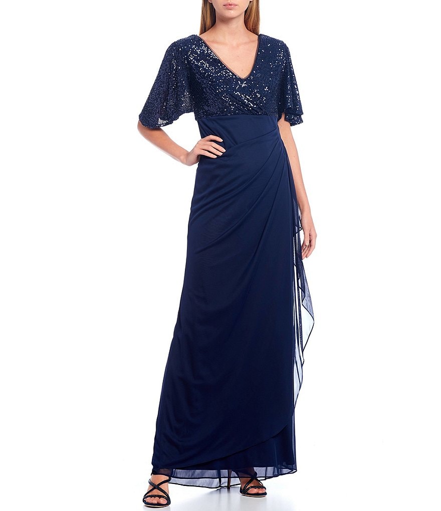 Xscape V-Neck Short Sleeve Sequin Bodice Side Ruched Gown